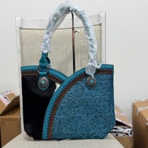 Montana West Tooled & Cowhide Whipstitch Tote Bag Turquoise